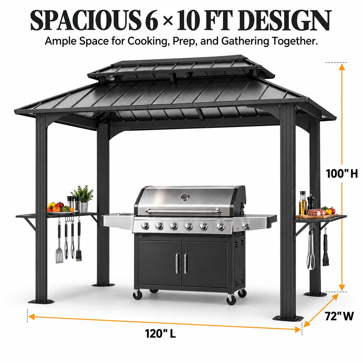 LAUSAINT HOME 5x8 FT Outdoor Grill Gazebo Canopy, BBQ Gazebo with 2-Tier Vented Top, 2 Durable Shelves &amp; Metal Frame Grill ShelterDark Gray
