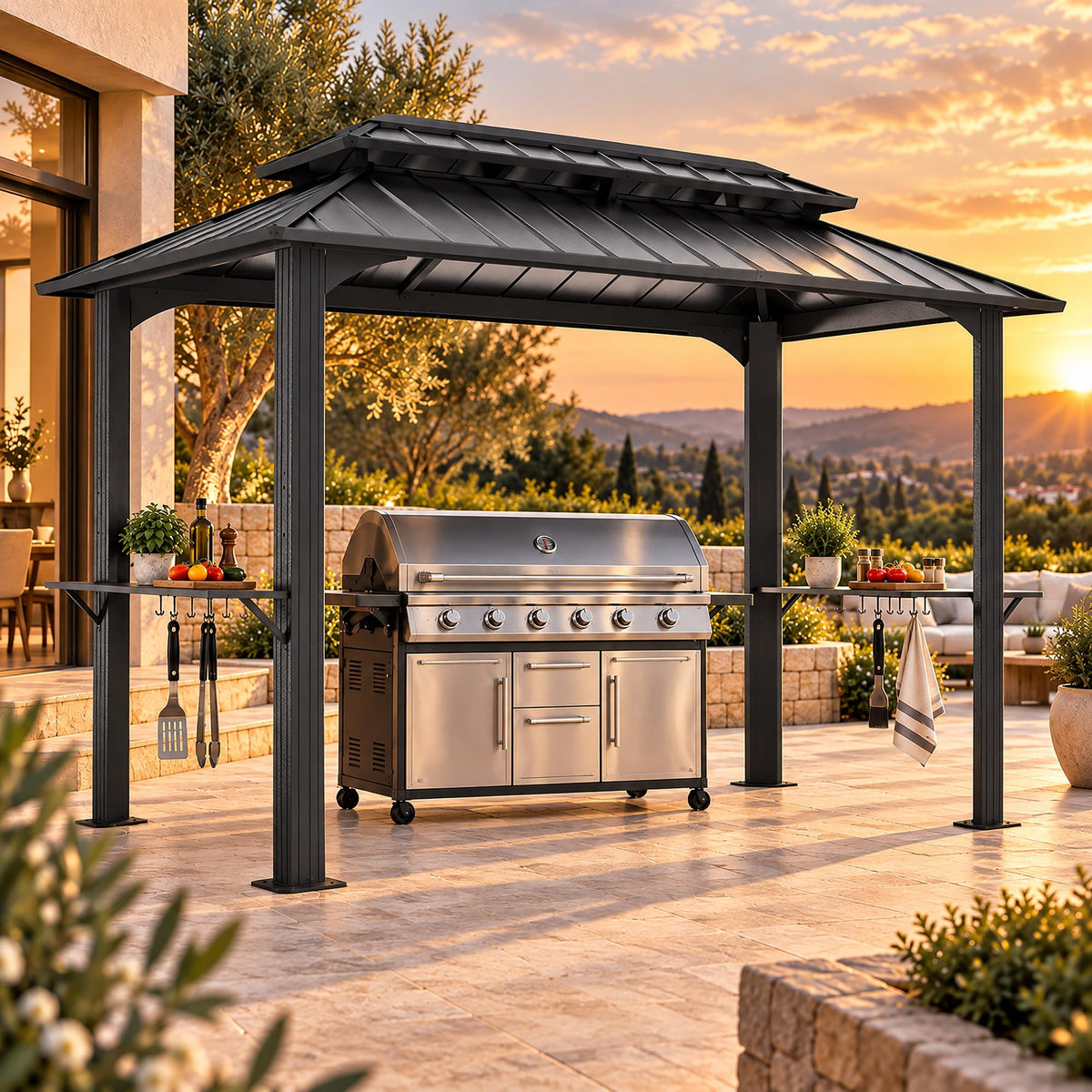 LAUSAINT HOME 5x8 FT Outdoor Grill Gazebo Canopy, BBQ Gazebo with 2-Tier Vented Top, 2 Durable Shelves &amp; Metal Frame Grill ShelterDark Gray