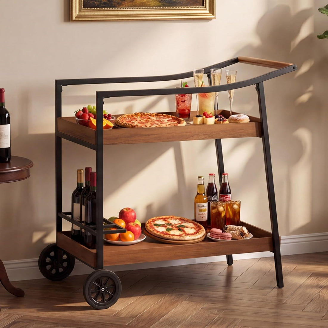 LAUSAINT HOME Bar Cart with Wheels, 2-Tier Rolling Beverage Cart with Wine Rack