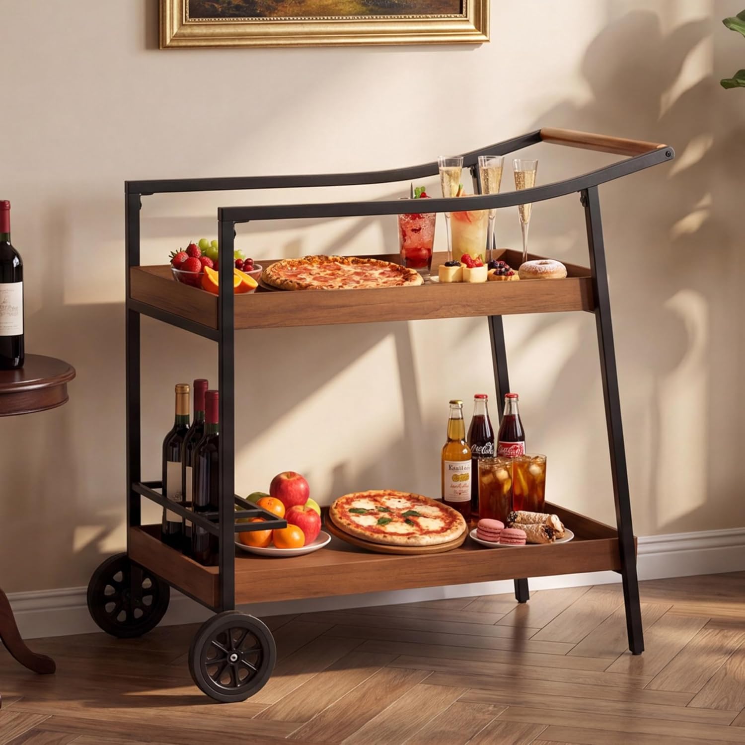 LAUSAINT HOME Bar Cart with Wheels, 2-Tier Rolling Beverage Cart with Wine Rack