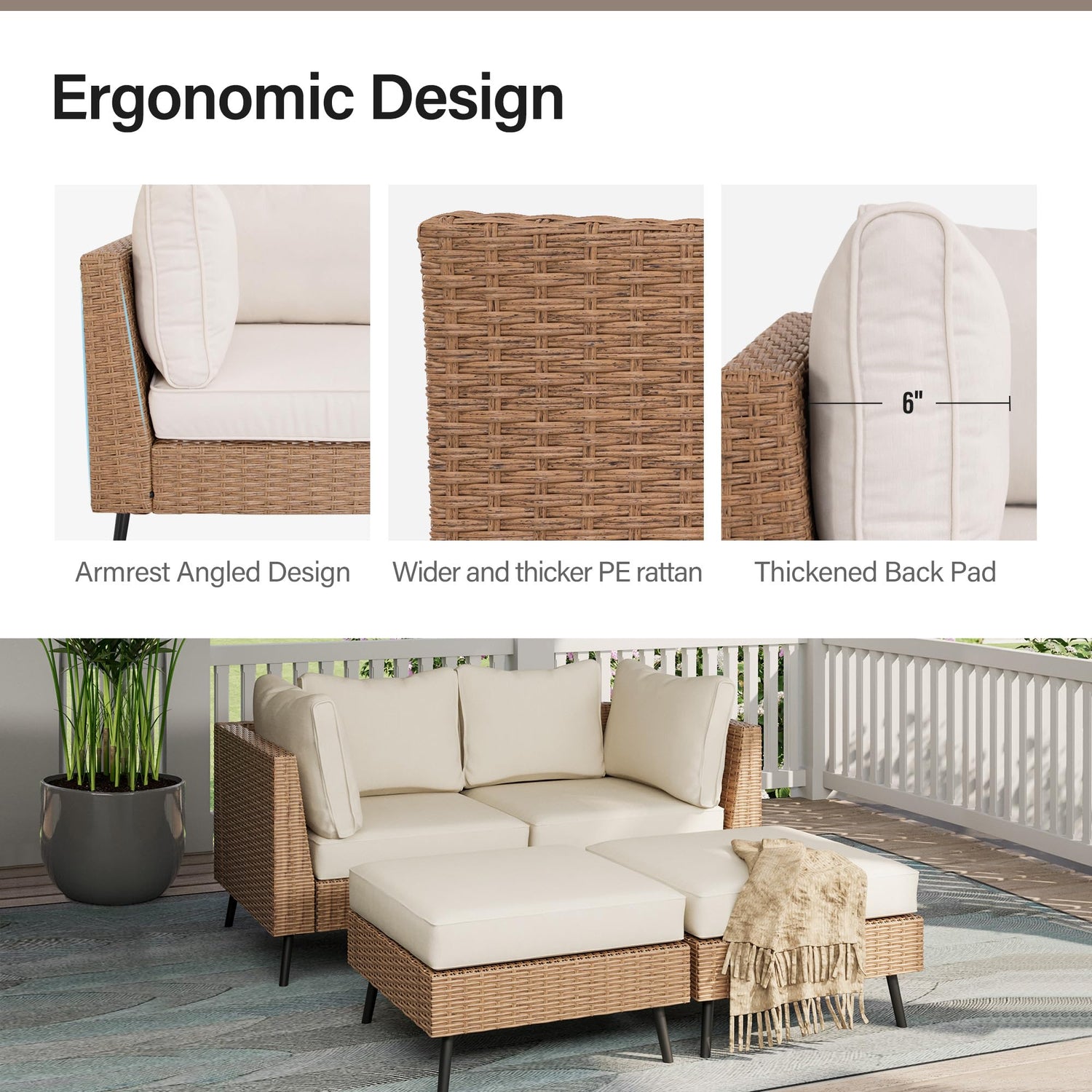 LAUSAINT HOME Outdoor Patio Furniture, 6 Piece Outdoor Sectional Sofa PE Rattan Wicker Patio Conversation Sets, All Weather Patio Furniture Set with Thick Cushions for Garden, Backyard(Beige)