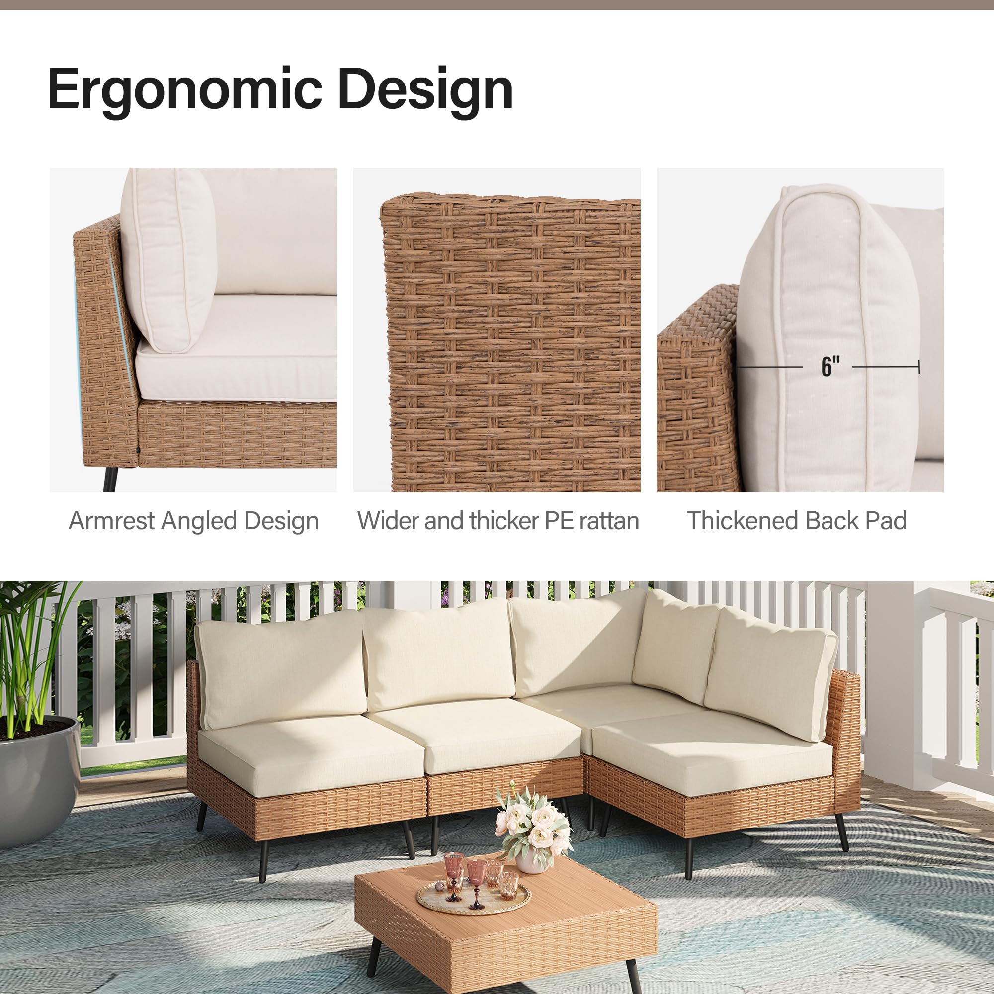 LAUSAINT HOME Outdoor Patio Furniture, 6 Piece Outdoor Sectional Sofa PE Rattan Wicker Patio Conversation Sets, All Weather Patio Furniture Set with Thick Cushions for Garden, Backyard(Beige)