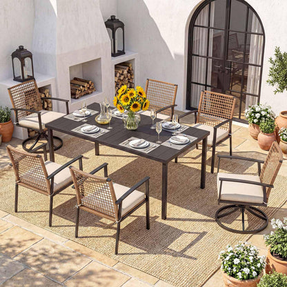 LAUSAINT HOME 7 Pieces Patio Dining Set, Outdoor Furniture Set of 6 Wicker Chairs (2 of Them Swivel) with Soft Cushion and Iron Slats Table Top with Umbrella Hole, Conversation Set for Backyard