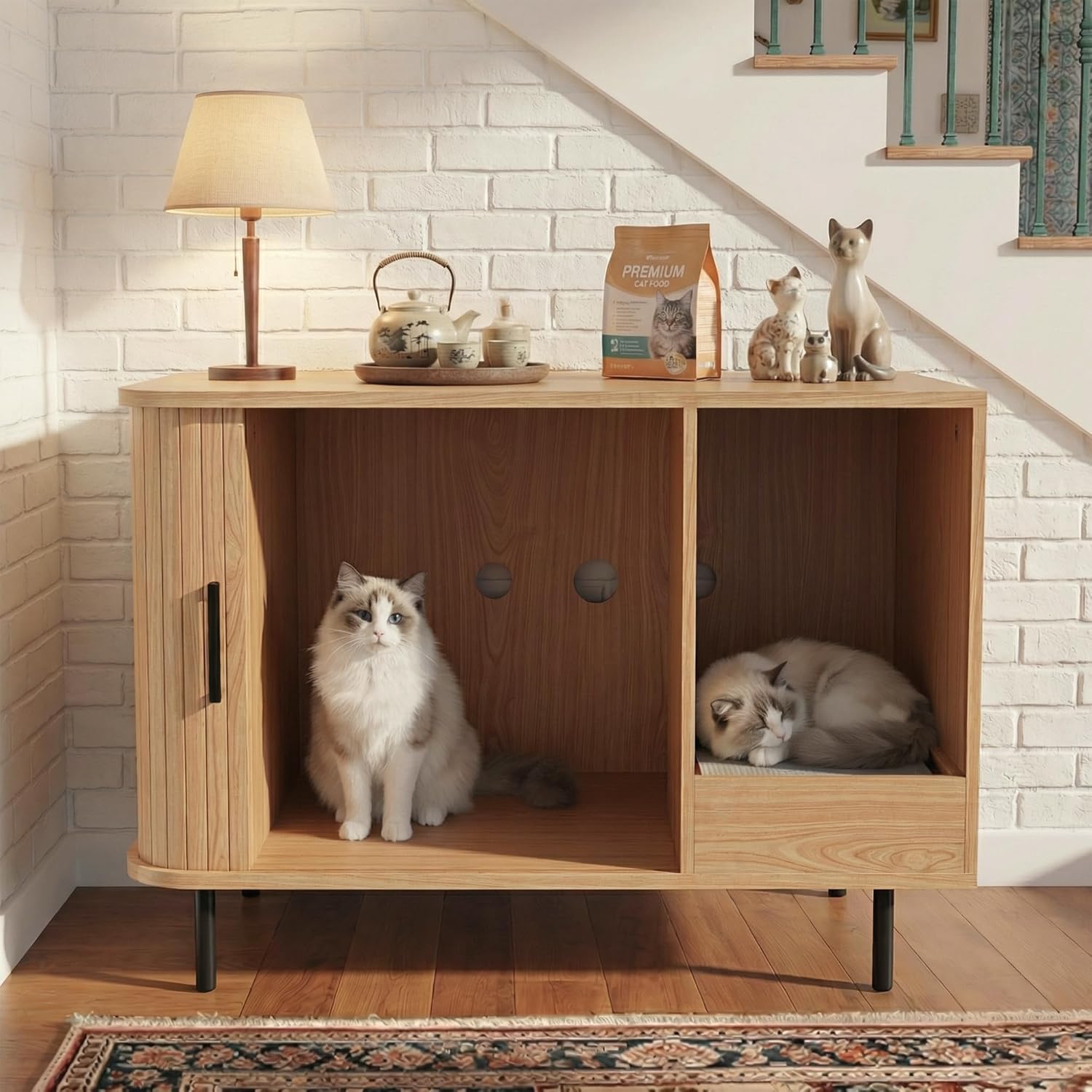 LAUSAINT HOME Cat Litter Box Enclosure with Scratch Pad &amp; Sliding Door, Hidden Cat Litter Box Furniture with Storage Drawer