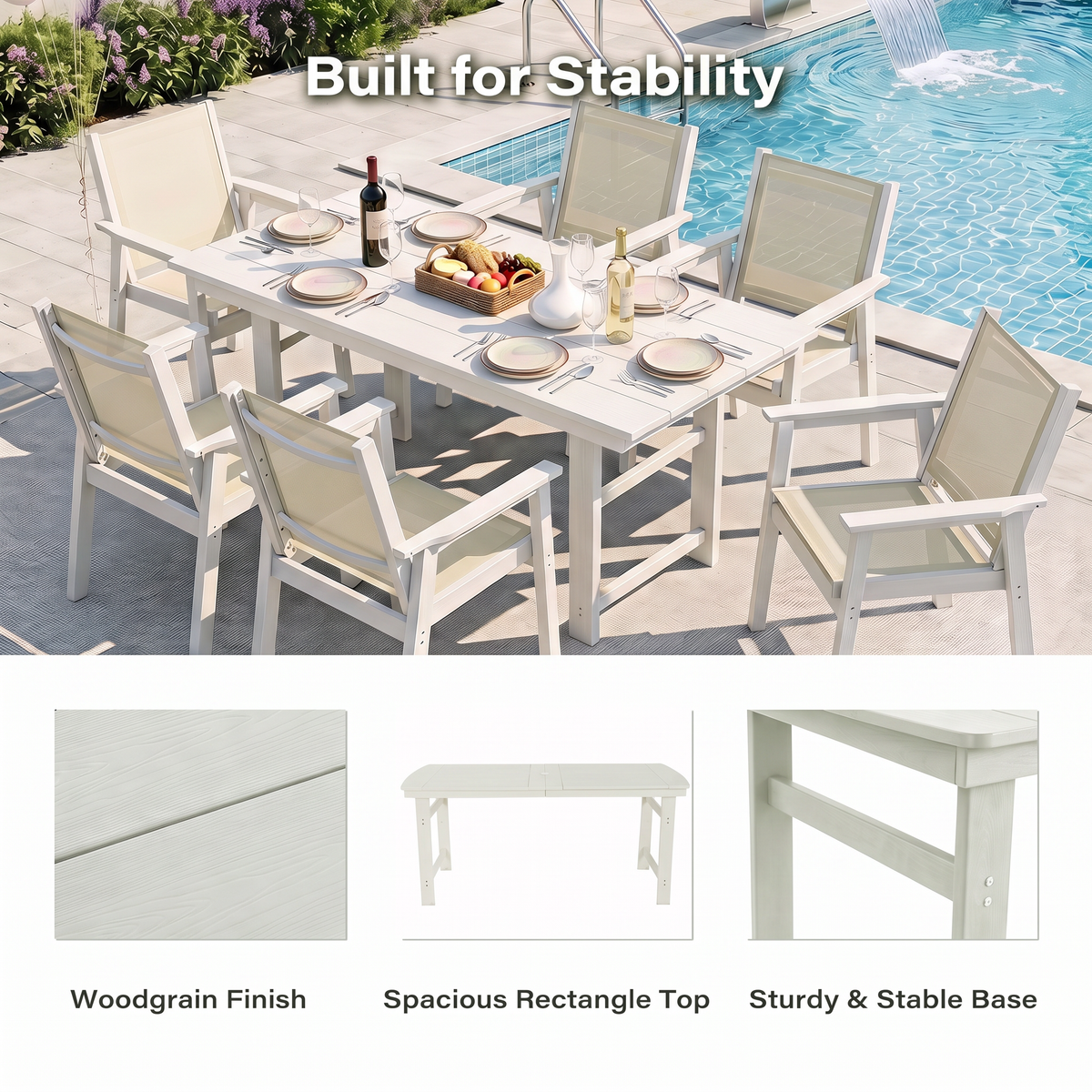 Lausaint Home 7-Piece Outdoor HDPE Dining Set with Textilene Chairs &amp; Umbrella Hole Table