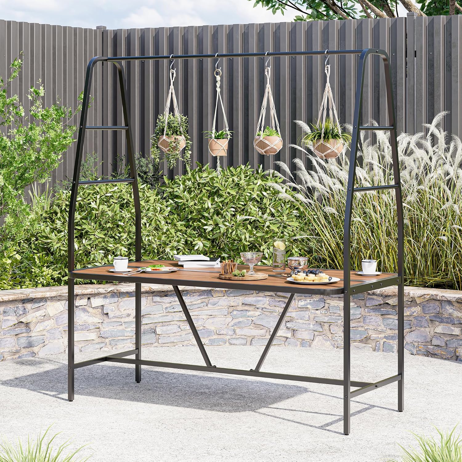 LAUSAINT HOME A-Frame Outdoor Dining Table with 4 Hooks for Hanging Plants, Lights, décors