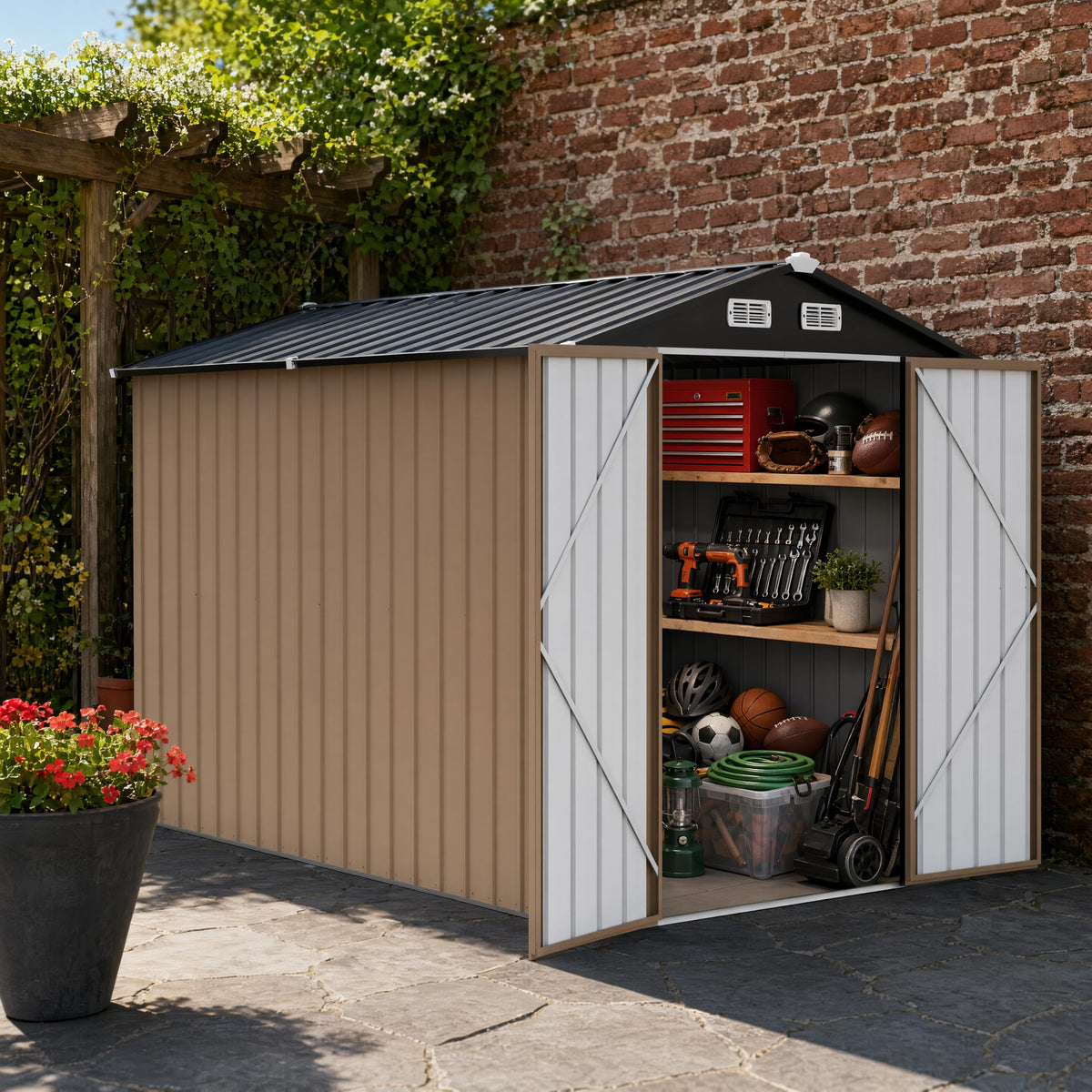 LAUSAINT HOME 8 x 6 FT Outdoor Storage Shed with Window, Galvanized Steel Storage Shed, Double Lockable Doors, Gable Roof &amp; Air Vent for Backyard, Brown