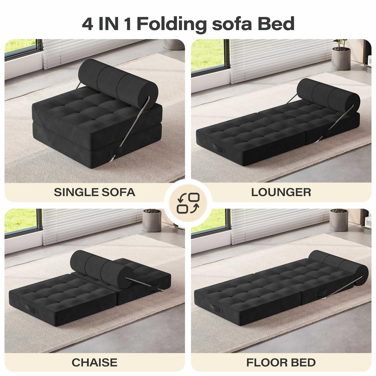 LAUSAINT HOME Folding Sofa Bed, 4 in 1 Convertible Sleeper Chair with High-Density Foam &amp; Pillow, Portable Comfy Folding Chair Bed Floor Lounge for Living Room and Bedroom, Black