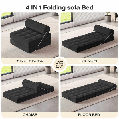 LAUSAINT HOME Folding Sofa Bed, 4 in 1 Convertible Sleeper Chair with High-Density Foam &amp; Pillow, Portable Comfy Folding Chair Bed Floor Lounge for Living Room and Bedroom, Black