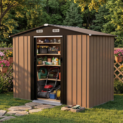 LAUSAINT HOME 8 x 6 FT Outdoor Storage Shed with Window, Galvanized Steel Storage Shed, Double Lockable Doors, Gable Roof &amp; Air Vent for Backyard, Brown