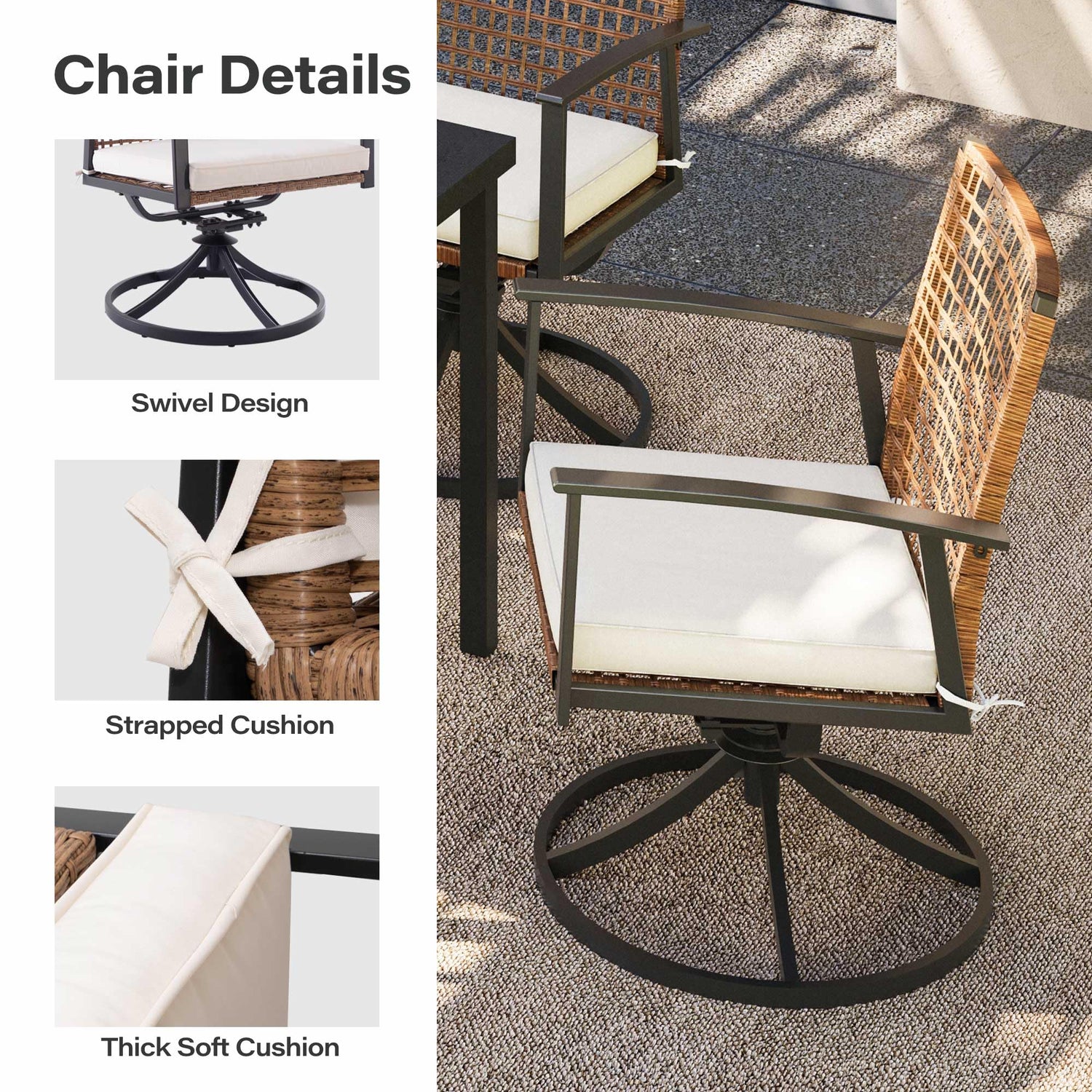 LAUSAINT HOME 7 Pieces Patio Dining Set, Outdoor Furniture Set of 6 Wicker Chairs (2 of Them Swivel) with Soft Cushion and Iron Slats Table Top with Umbrella Hole, Conversation Set for Backyard