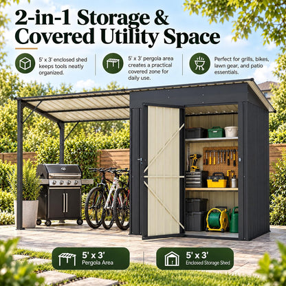 LAUSAINT HOME 10 x 3 FT 2-in-1 Metal Outdoor Storage Shed with Hardtop Gazebo, Lockable Galvanized Steel Lean-to Tool Shed with Sloped Roof, Black