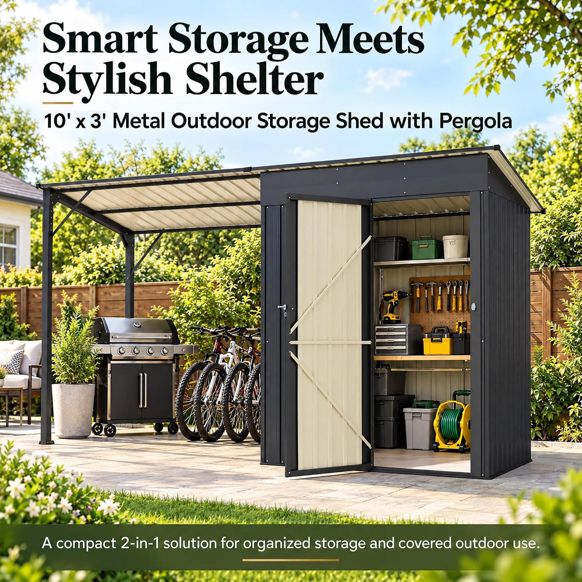 LAUSAINT HOME 10 x 3 FT 2-in-1 Metal Outdoor Storage Shed with Hardtop Gazebo, Lockable Galvanized Steel Lean-to Tool Shed with Sloped Roof, Black