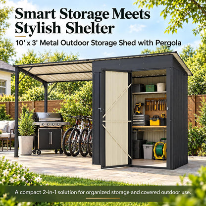 LAUSAINT HOME 10 x 3 FT 2-in-1 Metal Outdoor Storage Shed with Hardtop Gazebo, Lockable Galvanized Steel Lean-to Tool Shed with Sloped Roof, Black