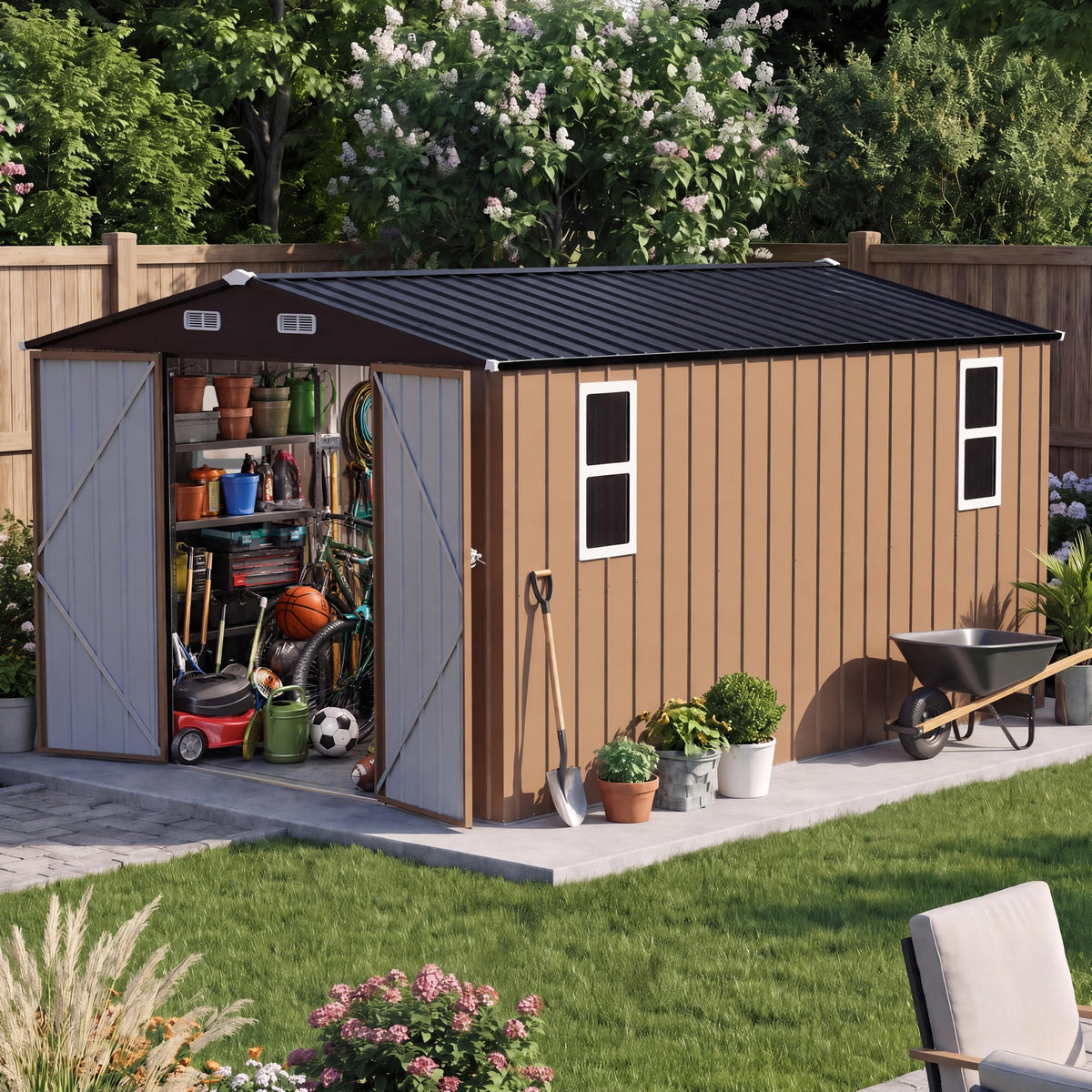 LAUSAINT HOME 10 x 3 FT 2-in-1 Metal Outdoor Storage Shed with Hardtop Gazebo, Lockable Galvanized Steel Lean-to Tool Shed with Sloped Roof, Black
