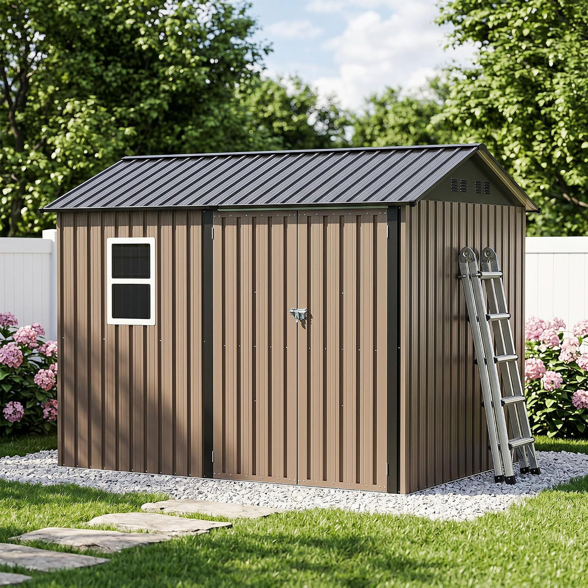 LAUSAINT HOME 8 x 6 FT Outdoor Storage Shed with Window, Galvanized Steel Storage Shed, Double Lockable Doors, Gable Roof &amp; Air Vent for Backyard, Brown