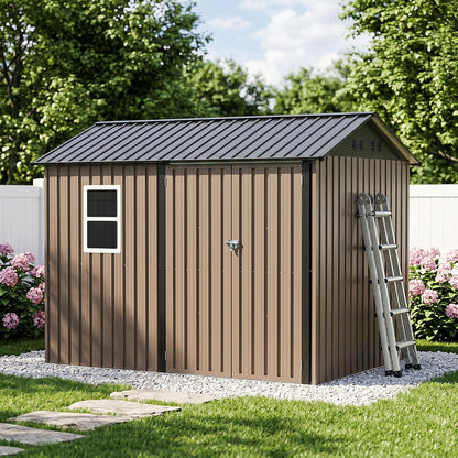 LAUSAINT HOME 8 x 6 FT Outdoor Storage Shed with Window, Galvanized Steel Storage Shed, Double Lockable Doors, Gable Roof &amp; Air Vent for Backyard, Brown
