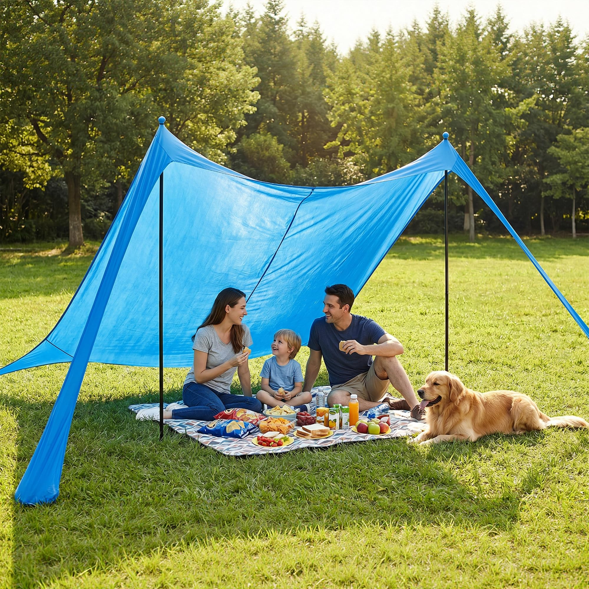 LAUSAINT HOME Beach Tent, 7.5x7.5FT Easy Pop Up Beach Canopy Sun Shade UPF 50+ Protection with 4 Windproof Stability Poles and Sandbags, Outdoor Sun Shelter for Family Camping, Sky Blue