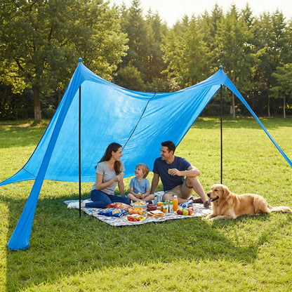 LAUSAINT HOME Beach Tent, 7.5x7.5FT Easy Pop Up Beach Canopy Sun Shade UPF 50+ Protection with 4 Windproof Stability Poles and Sandbags, Outdoor Sun Shelter for Family Camping, Sky Blue