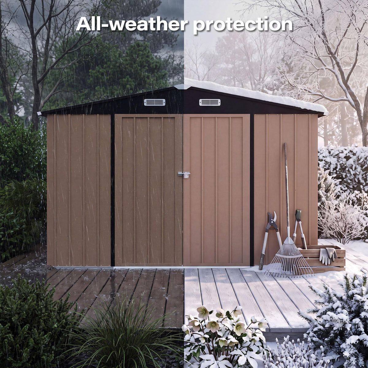 LAUSAINT HOME 8 x 6 FT Outdoor Storage Shed with Window, Galvanized Steel Storage Shed, Double Lockable Doors, Gable Roof &amp; Air Vent for Backyard, Brown