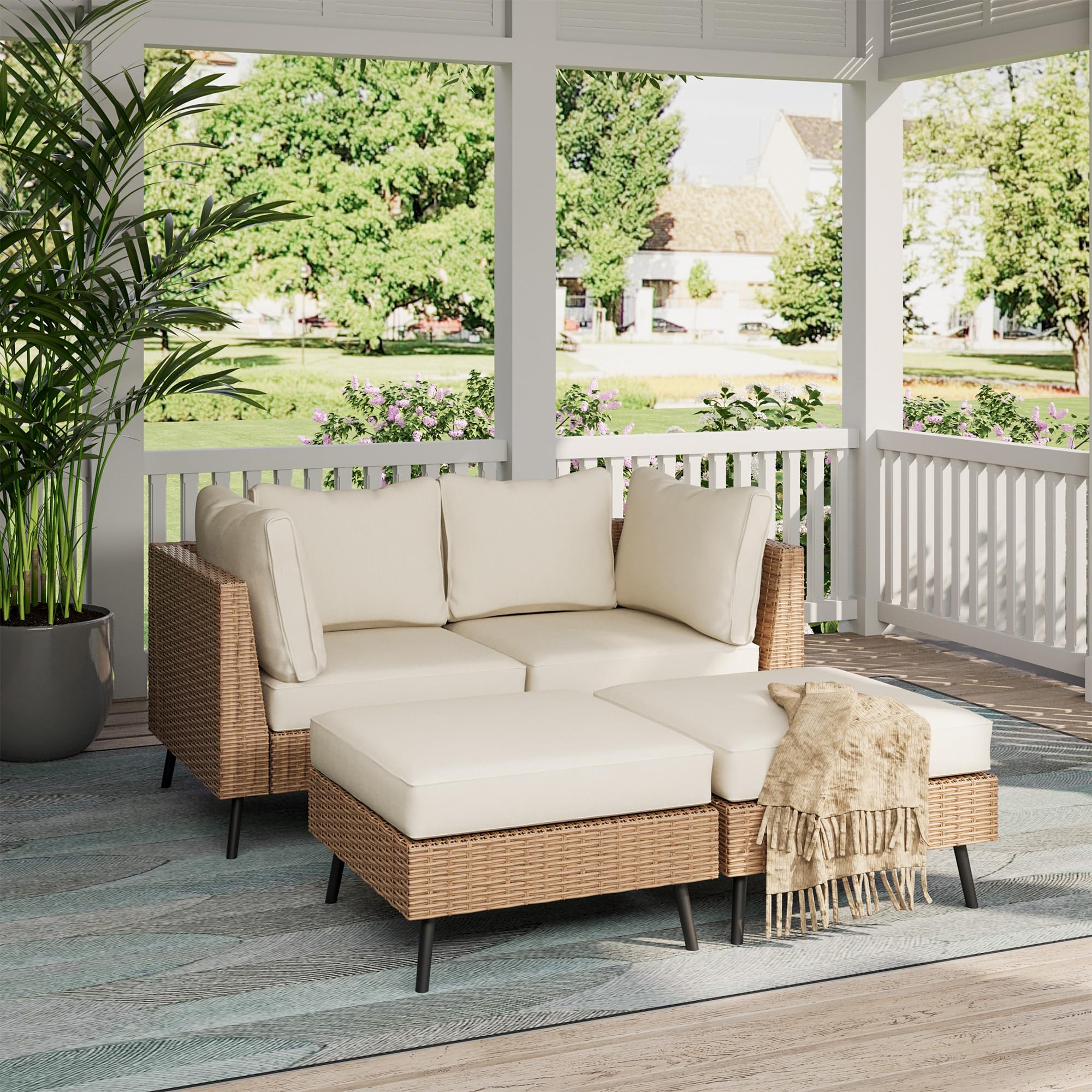 LAUSAINT HOME Outdoor Patio Furniture, 6 Piece Outdoor Sectional Sofa PE Rattan Wicker Patio Conversation Sets, All Weather Patio Furniture Set with Thick Cushions for Garden, Backyard(Beige)