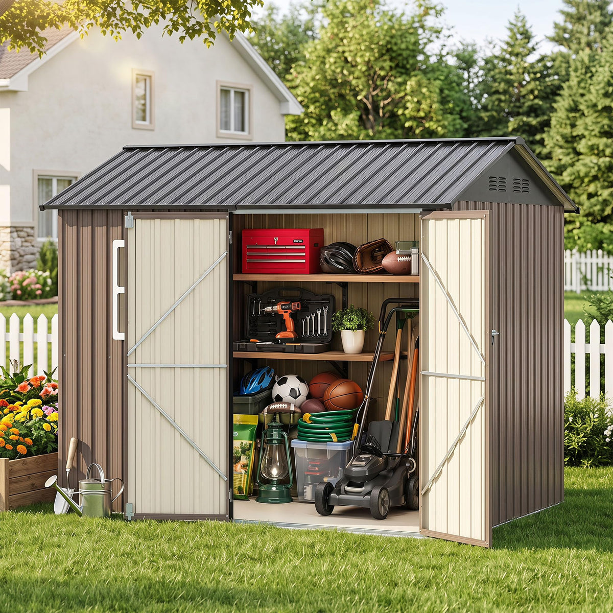 LAUSAINT HOME 10 x 3 FT 2-in-1 Metal Outdoor Storage Shed with Hardtop Gazebo, Lockable Galvanized Steel Lean-to Tool Shed with Sloped Roof, Black