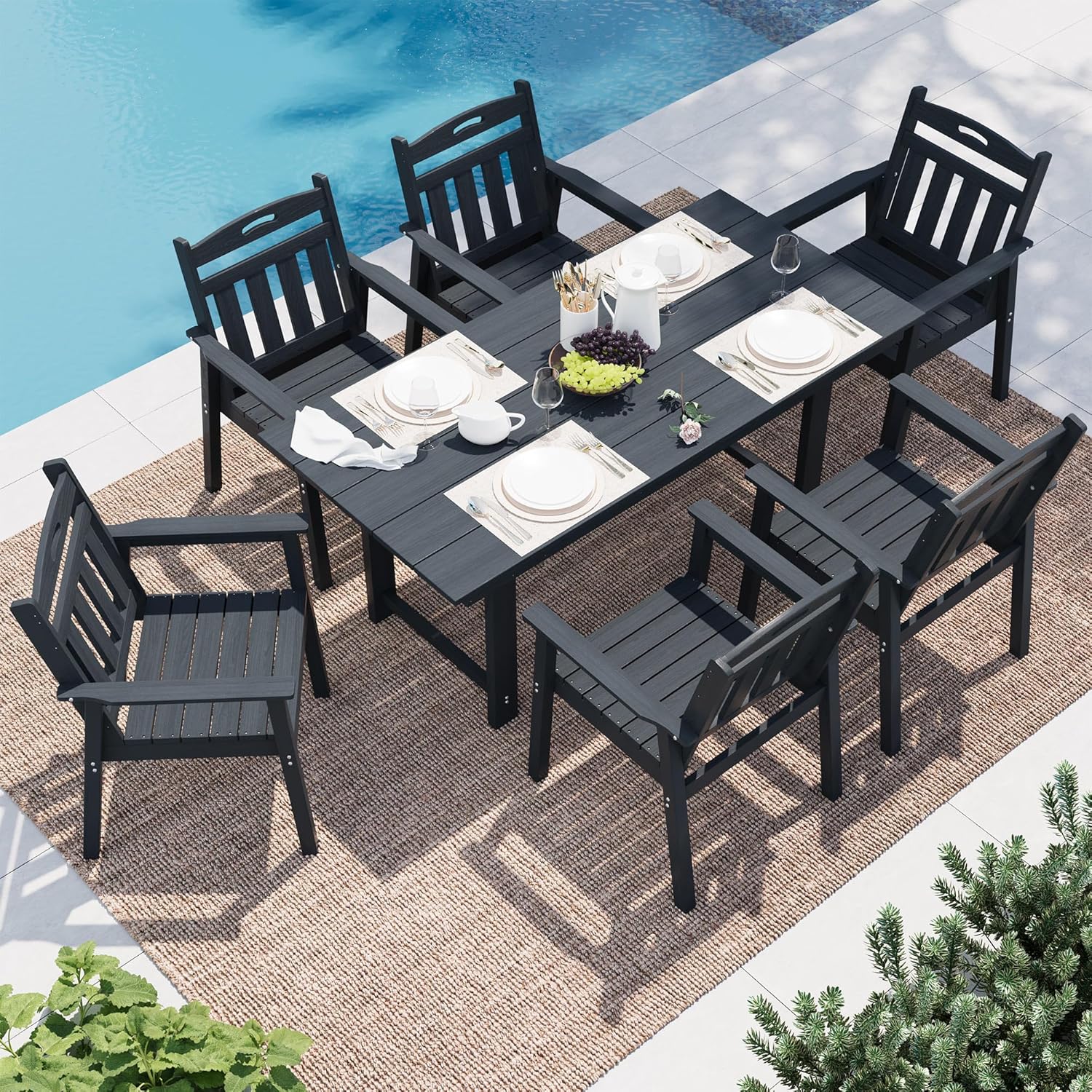 LAUSAINT HOME 7 Pieces HDPE Outdoor Dining Set for 6, Patio Dining Table and Chairs Set with Umbrella Hole