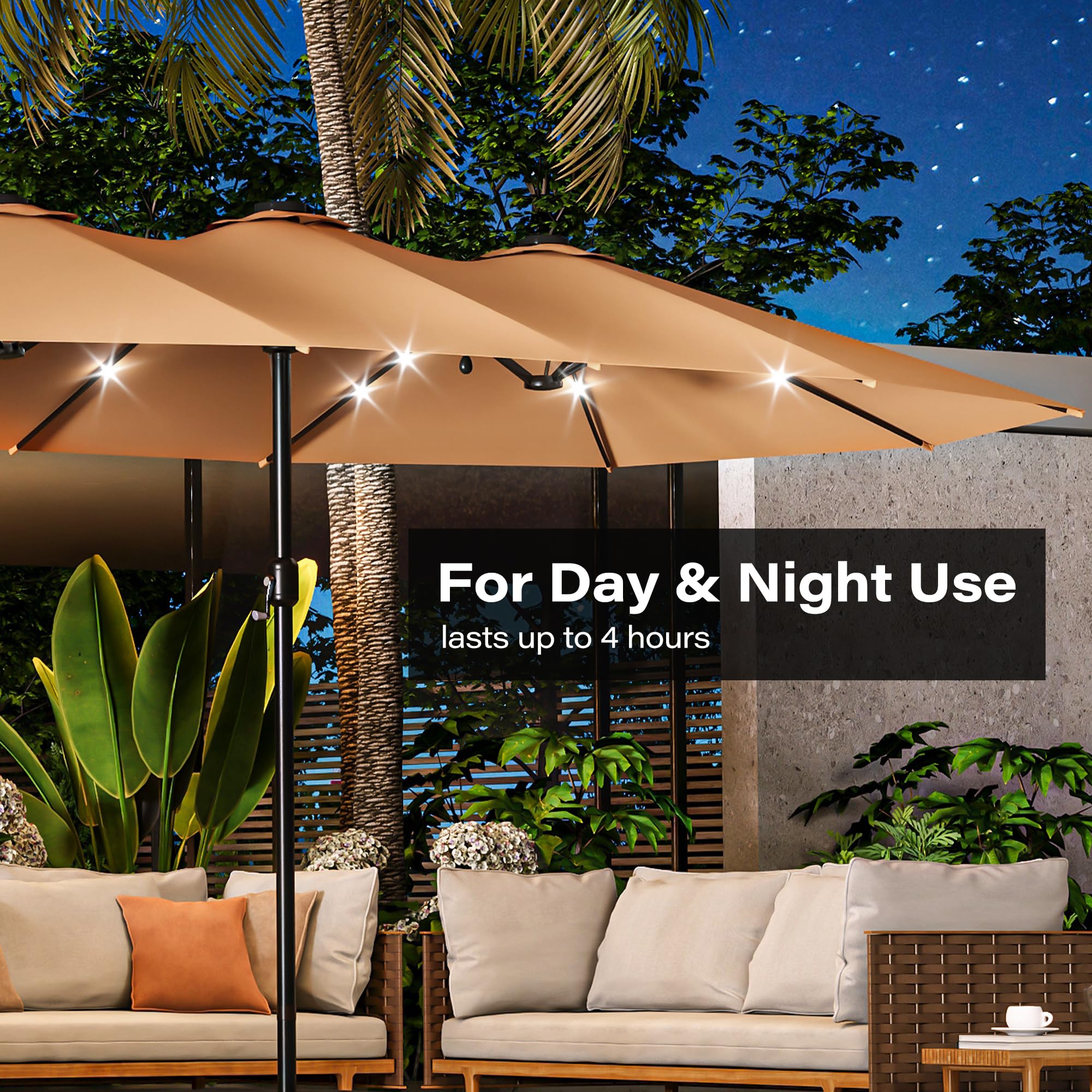 LAUSAINT HOME Large Double-Sided Rectangle Patio Umbrella with LED Light and Base, 13FT/15FT