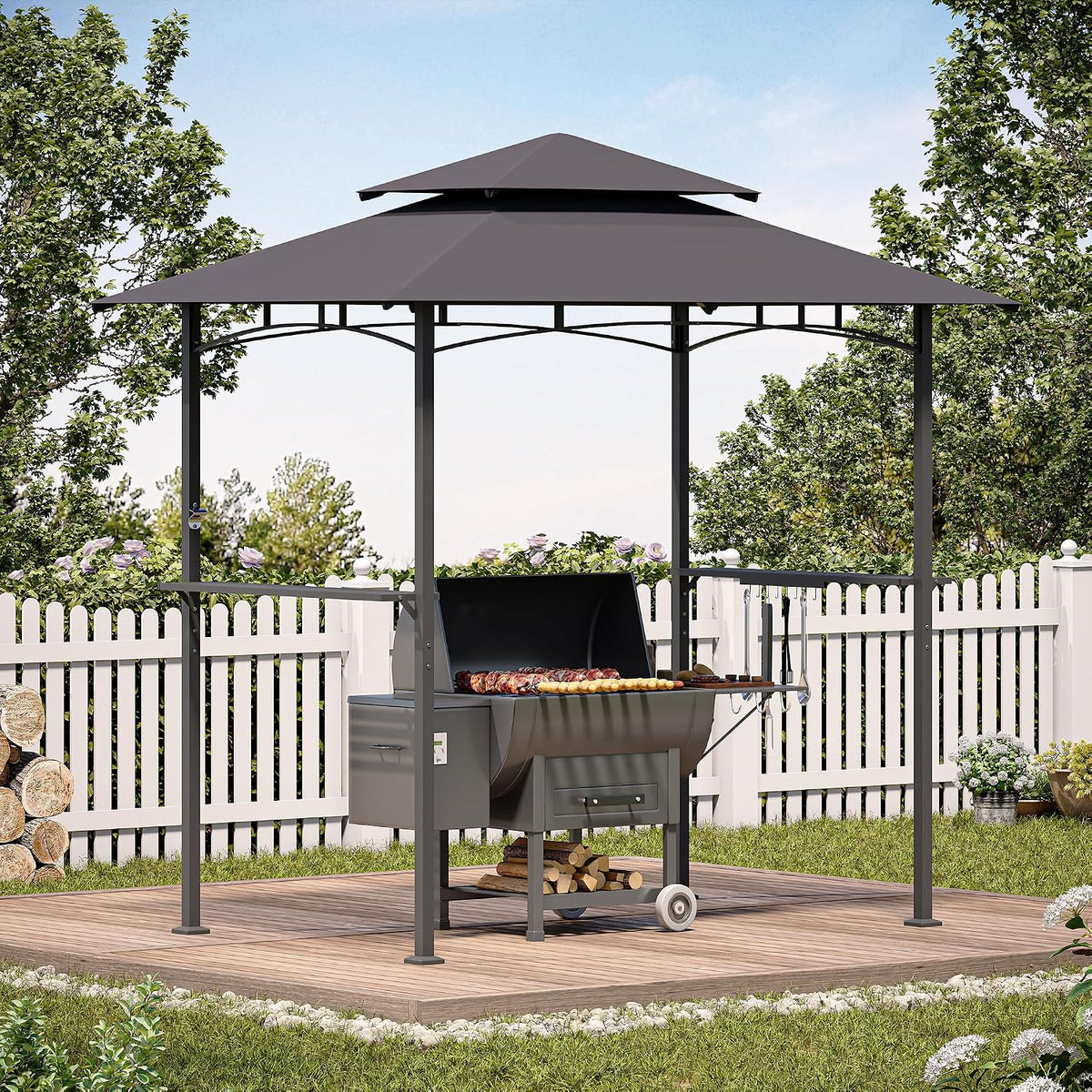 LAUSAINT HOME 5x8 FT Outdoor Grill Gazebo Canopy, BBQ Gazebo with 2-Tier Vented Top, 2 Durable Shelves &amp; Metal Frame Grill ShelterDark Gray