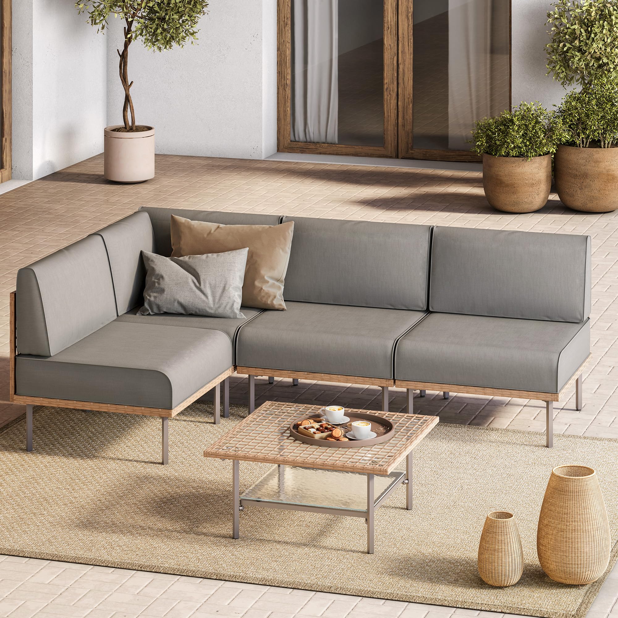 LAUSAINT HOME 7-Piece Outdoor Patio Furniture Set, Wicker Outdoor Conversation Set PE Rattan Sectional Sofa with Washable Cushions and Tempered Glass Table for Garden (Grey)