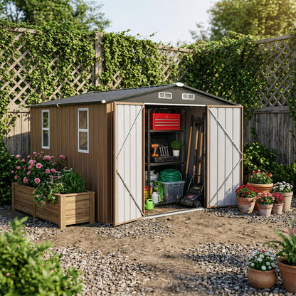 LAUSAINT HOME 8 x 6 FT Outdoor Storage Shed with Window, Galvanized Steel Storage Shed, Double Lockable Doors, Gable Roof &amp; Air Vent for Backyard, Brown