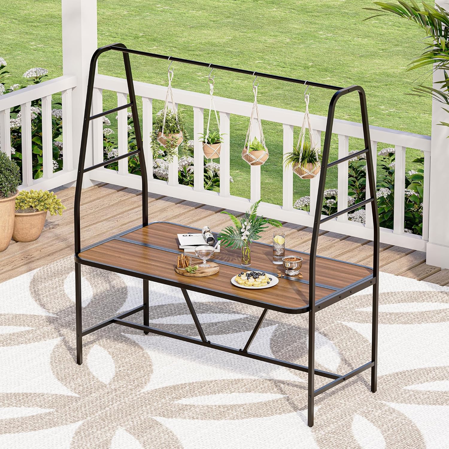 hanging plants over dining table LAUSAINT HOME A-Frame Outdoor Dining Table with 4 Hooks for Hanging Plants, Lights, décors