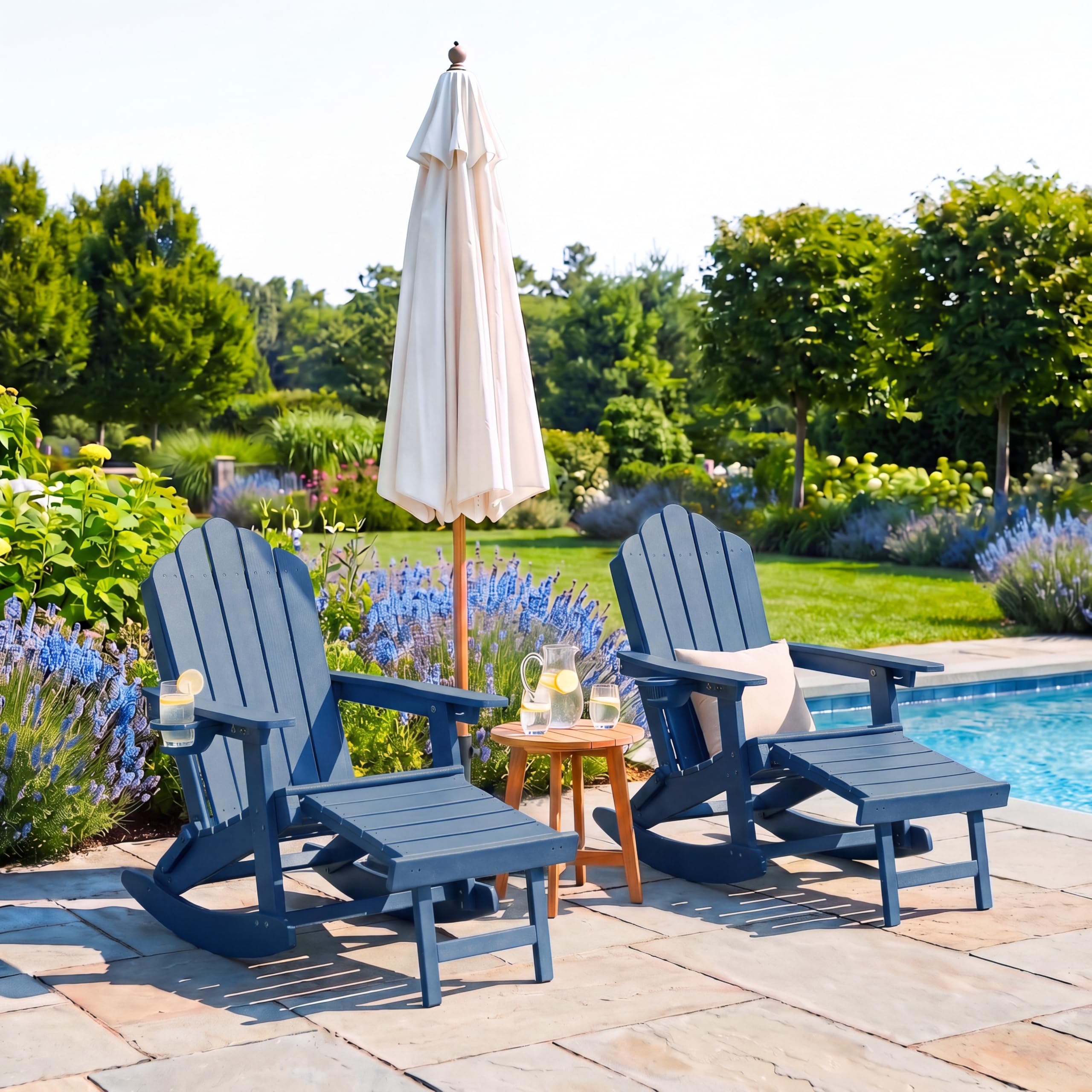 LAUSAINT HOME Folding Adirondack Rocking Chairs Set with Retractable Ottomans, 3-Position Adjustable Backrests and Cup Holders