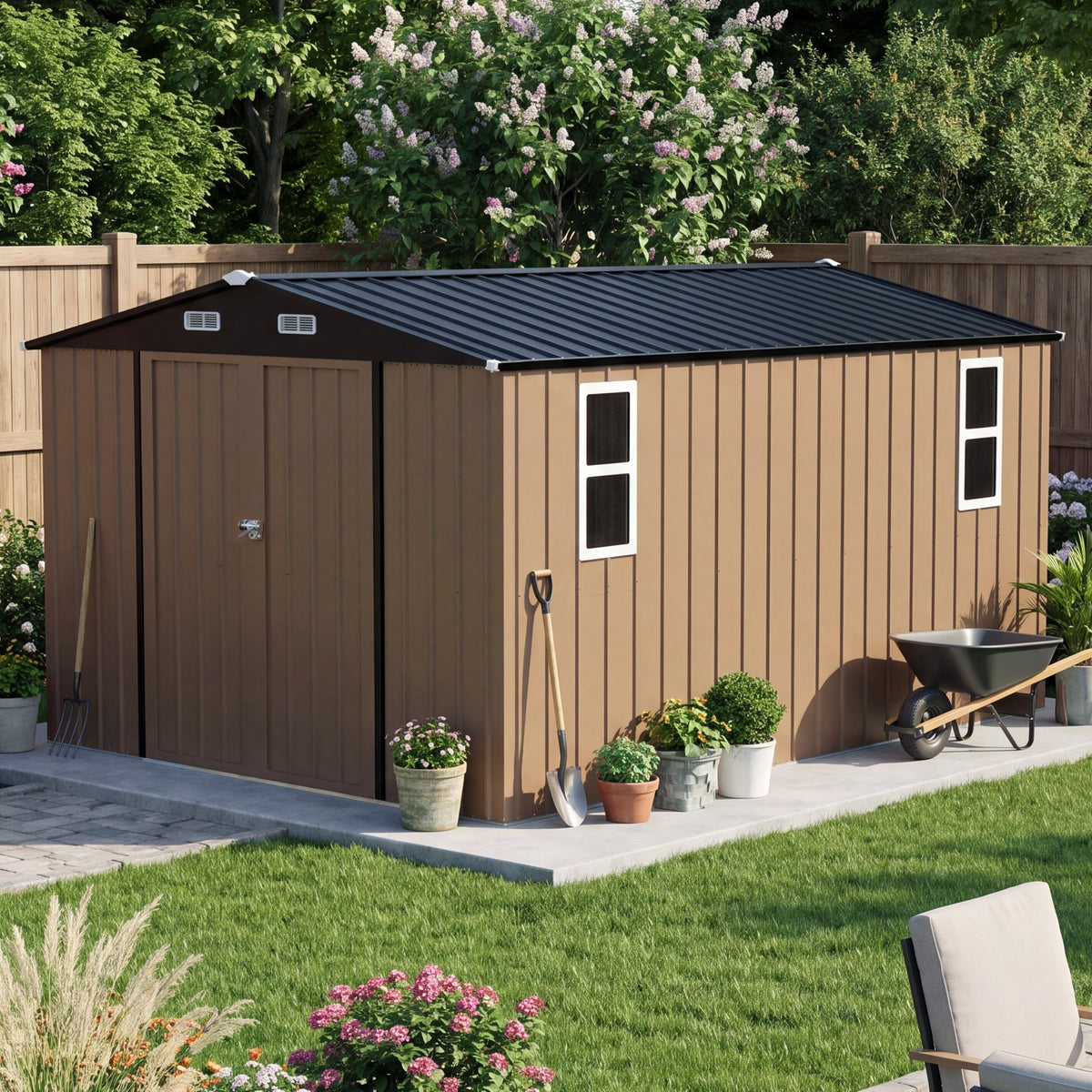LAUSAINT HOME 8 x 6 FT Outdoor Storage Shed with Window, Galvanized Steel Storage Shed, Double Lockable Doors, Gable Roof &amp; Air Vent for Backyard, Brown