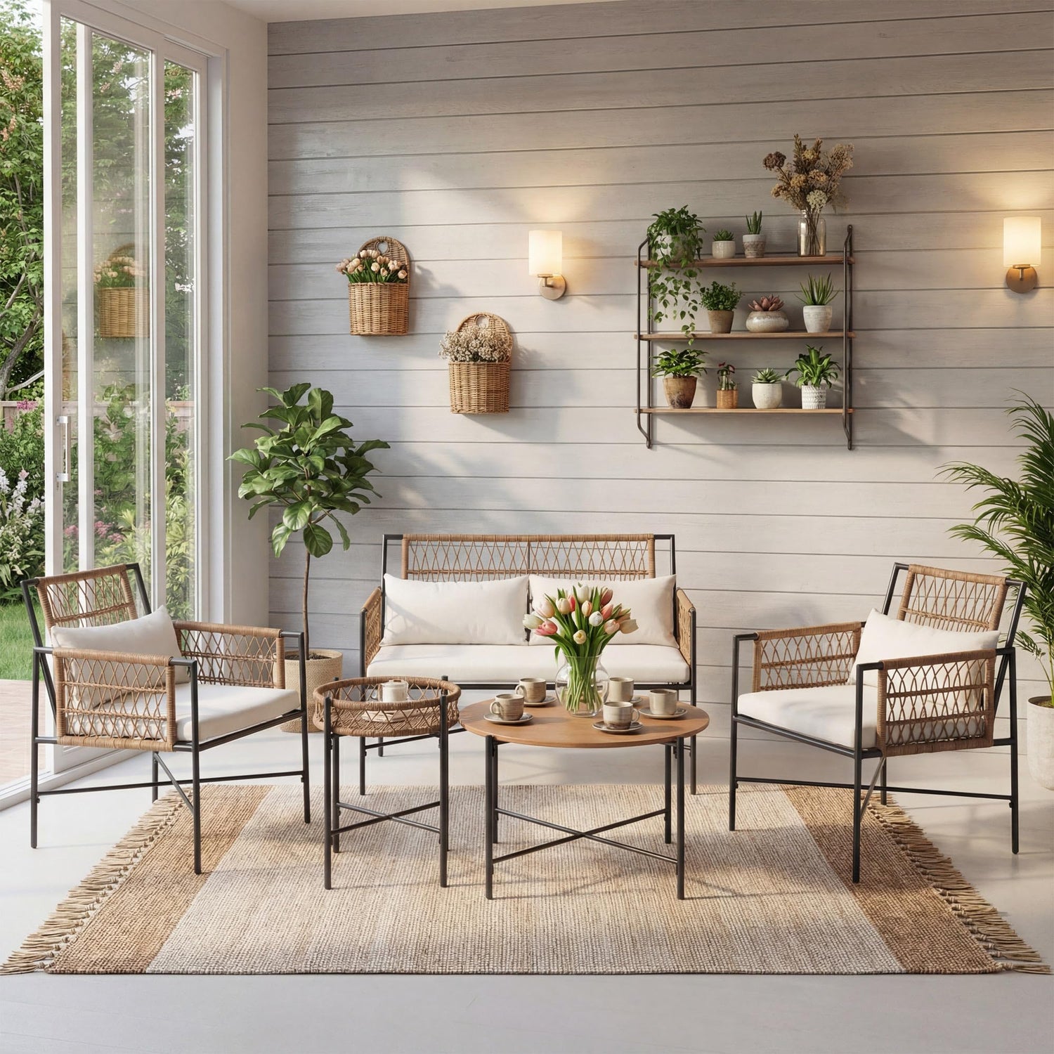 LAUSAINT HOME 5 Piece Patio Furniture Set, Outdoor Wicker Conversation Set with 2 PE Rattan Armchairs