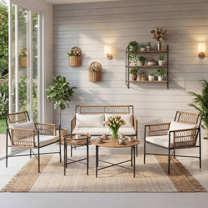 LAUSAINT HOME 5 Piece Patio Furniture Set, Outdoor Wicker Conversation Set with 2 PE Rattan Armchairs