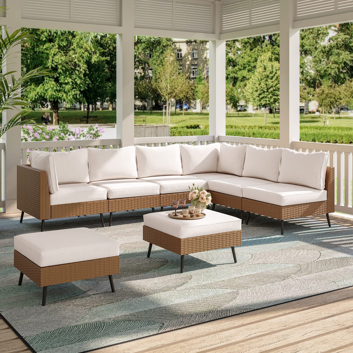 LAUSAINT HOME Outdoor Patio Furniture, 6 Piece Outdoor Sectional Sofa PE Rattan Wicker Patio Conversation Sets, All Weather Patio Furniture Set with Thick Cushions for Garden, Backyard(Beige)