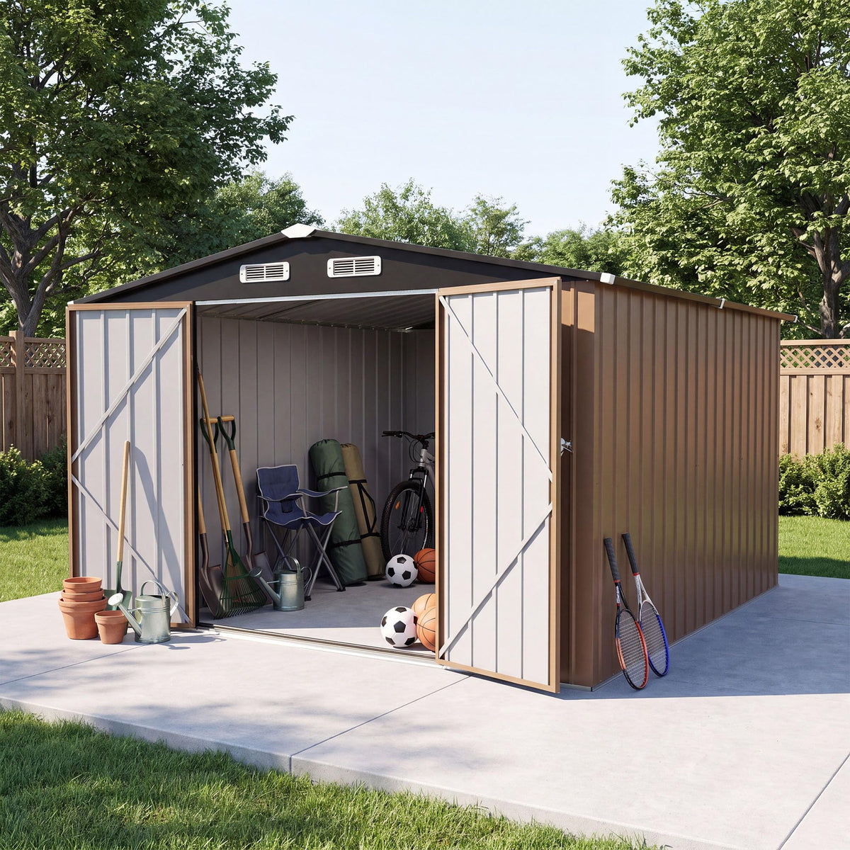 LAUSAINT HOME 10 x 3 FT 2-in-1 Metal Outdoor Storage Shed with Hardtop Gazebo, Lockable Galvanized Steel Lean-to Tool Shed with Sloped Roof, Black