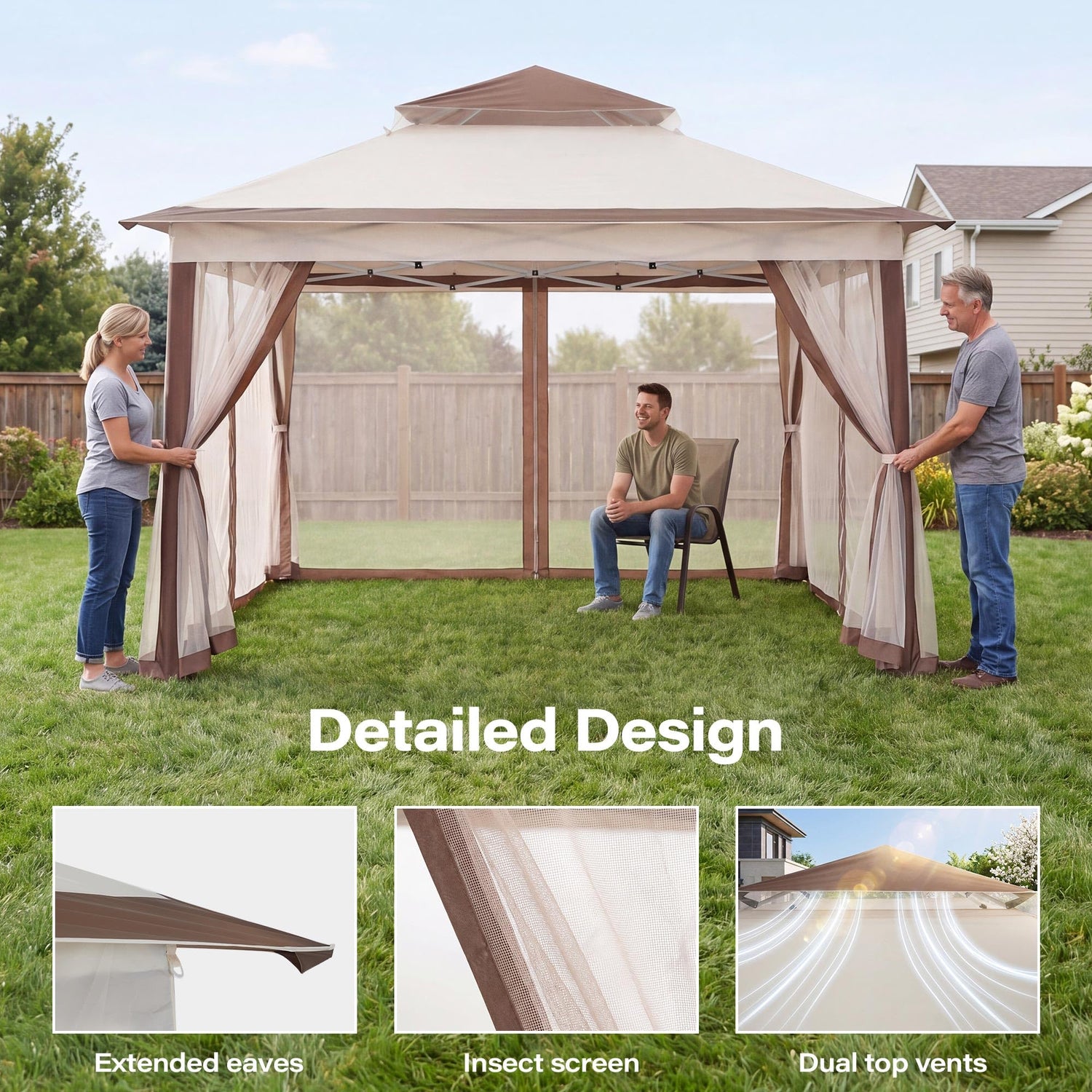 LAUSAINT HOME 11x11 Pop Up Gazebo with Mosquito Netting, Portable Outdoor Gazebo Canopy Tent with Sidewalls, One Push Instant Setup &amp; Adjustable Height for Patio Backyard Party BBQ Deck, Grey