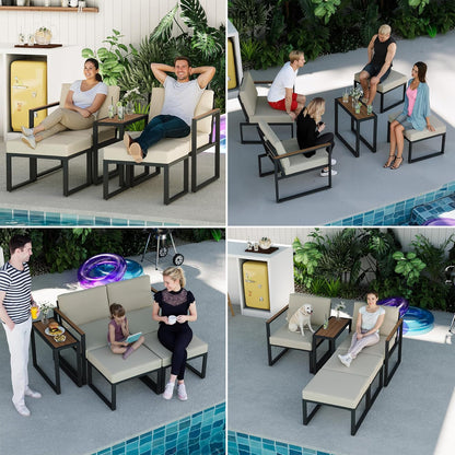 LAUSAINT HOME 5 Pieces Outdoor Conversation Set with Thick Cushions 2 Ottomans&amp;Side Table
