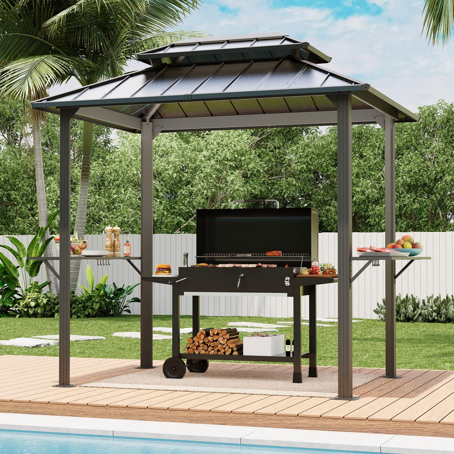 LAUSAINT HOME 8x6 ft Hardtop Double Roof Grill Gazebo, Black