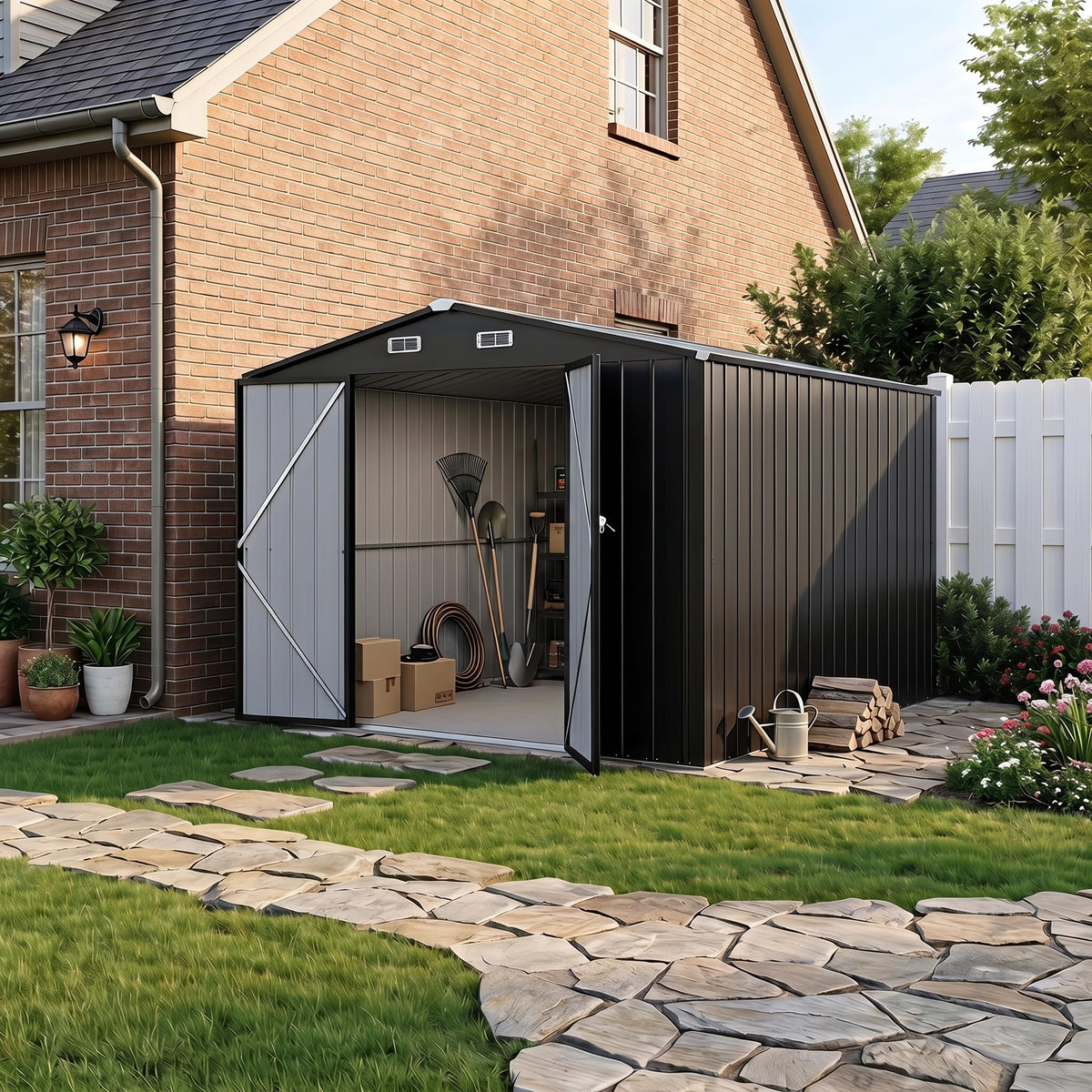 LAUSAINT HOME 10 x 3 FT 2-in-1 Metal Outdoor Storage Shed with Hardtop Gazebo, Lockable Galvanized Steel Lean-to Tool Shed with Sloped Roof, Black