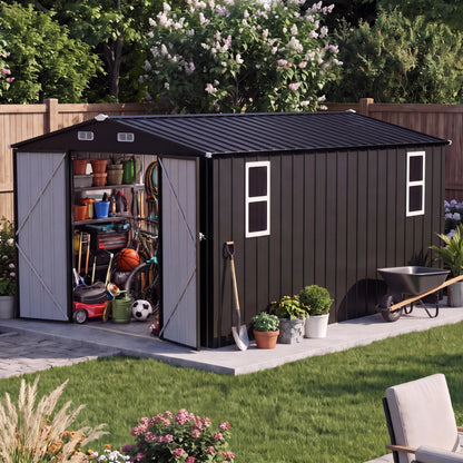 LAUSAINT HOME 10 x 3 FT 2-in-1 Metal Outdoor Storage Shed with Hardtop Gazebo, Lockable Galvanized Steel Lean-to Tool Shed with Sloped Roof, Black