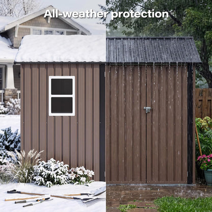 LAUSAINT HOME 8 x 6 FT Outdoor Storage Shed with Window, Galvanized Steel Storage Shed, Double Lockable Doors, Gable Roof &amp; Air Vent for Backyard, Brown
