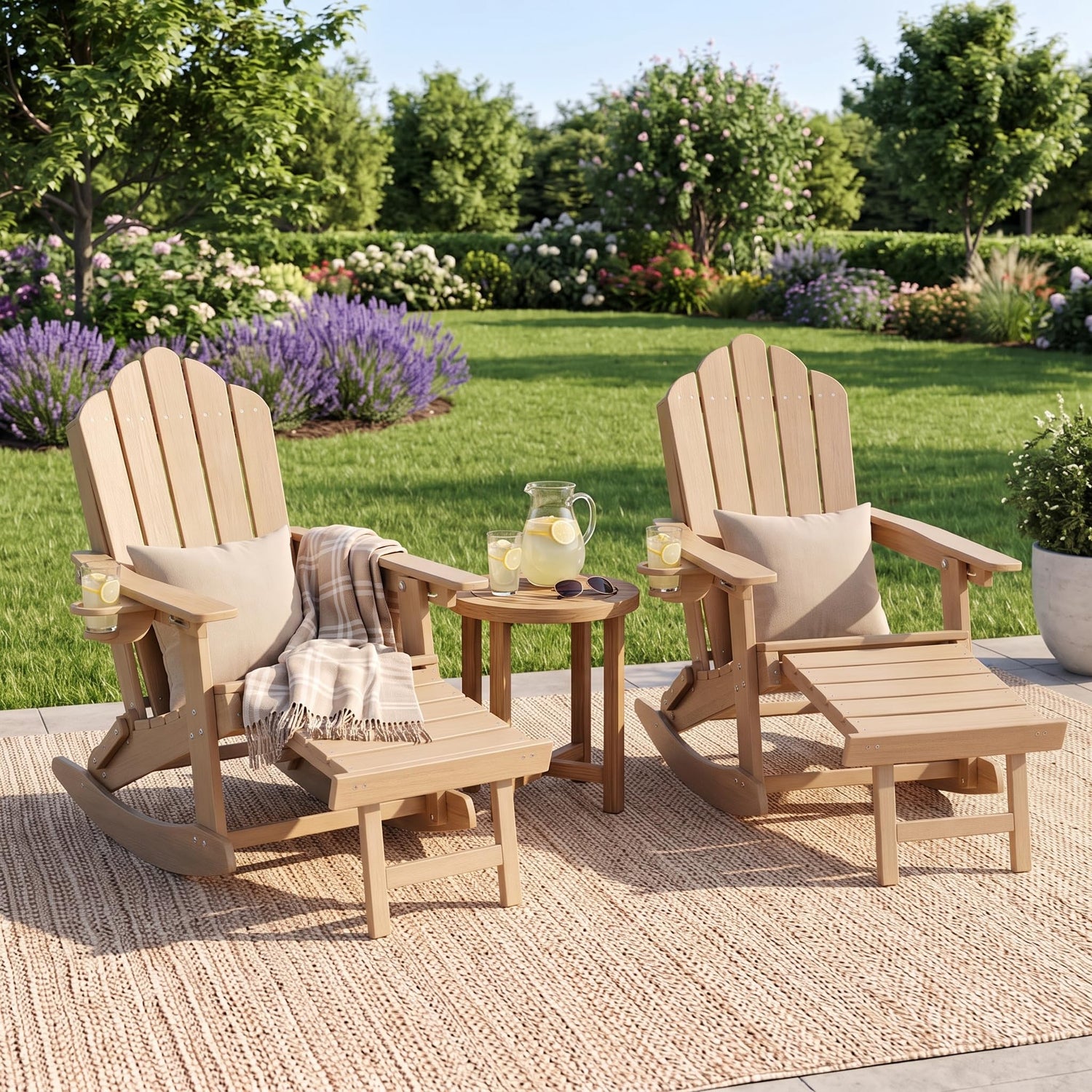 LAUSAINT HOME Folding Adirondack Rocking Chairs Set with Retractable Ottomans, 3-Position Adjustable Backrests and Cup Holders