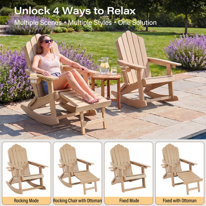 LAUSAINT HOME Folding Adirondack Rocking Chairs Set with Retractable Ottomans, 3-Position Adjustable Backrests and Cup Holders
