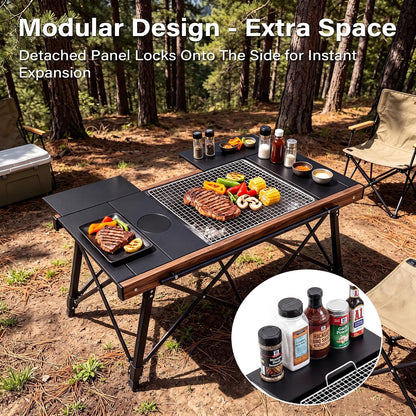 Modular IGT Camping Table, Height Adjustable Outdoor Portable Table with Folding Design, Folding Camp Table with Expandable Cooking Area for Picnic, BBQ and Patio