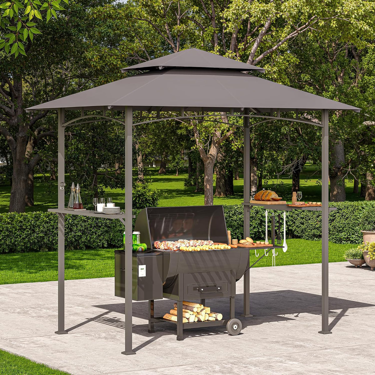 LAUSAINT HOME 5x8 FT Outdoor Grill Gazebo Canopy, BBQ Gazebo with 2-Tier Vented Top, 2 Durable Shelves &amp; Metal Frame Grill ShelterDark Gray