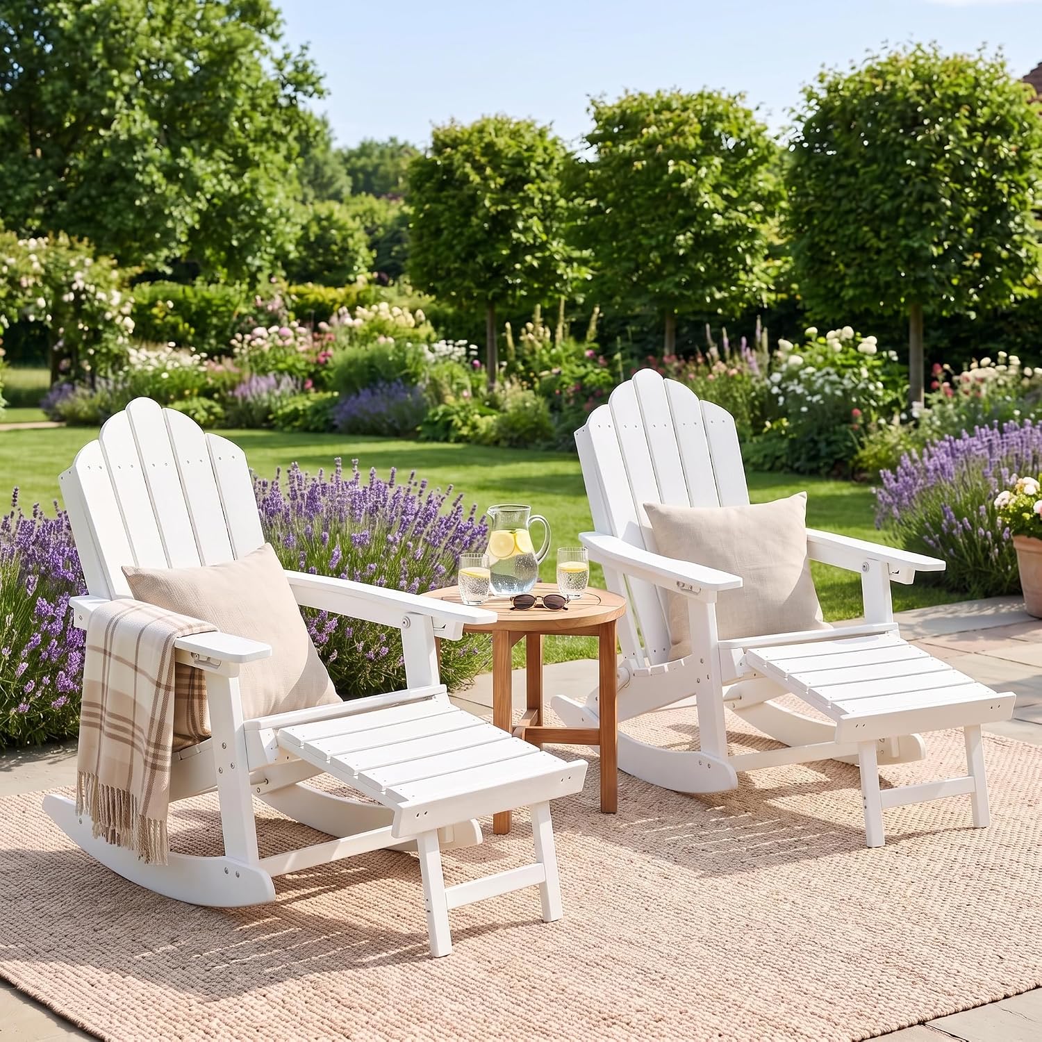LAUSAINT HOME Folding Adirondack Rocking Chairs Set with Retractable Ottomans, 3-Position Adjustable Backrests and Cup Holders