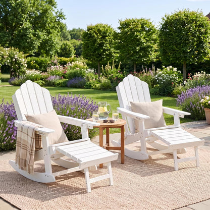 LAUSAINT HOME Folding Adirondack Rocking Chairs Set with Retractable Ottomans, 3-Position Adjustable Backrests and Cup Holders